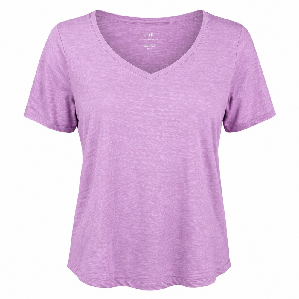 J Jill Womens Tall L Purple Pima Cotton V Neck Tee Slub Knit Casual Basic Top